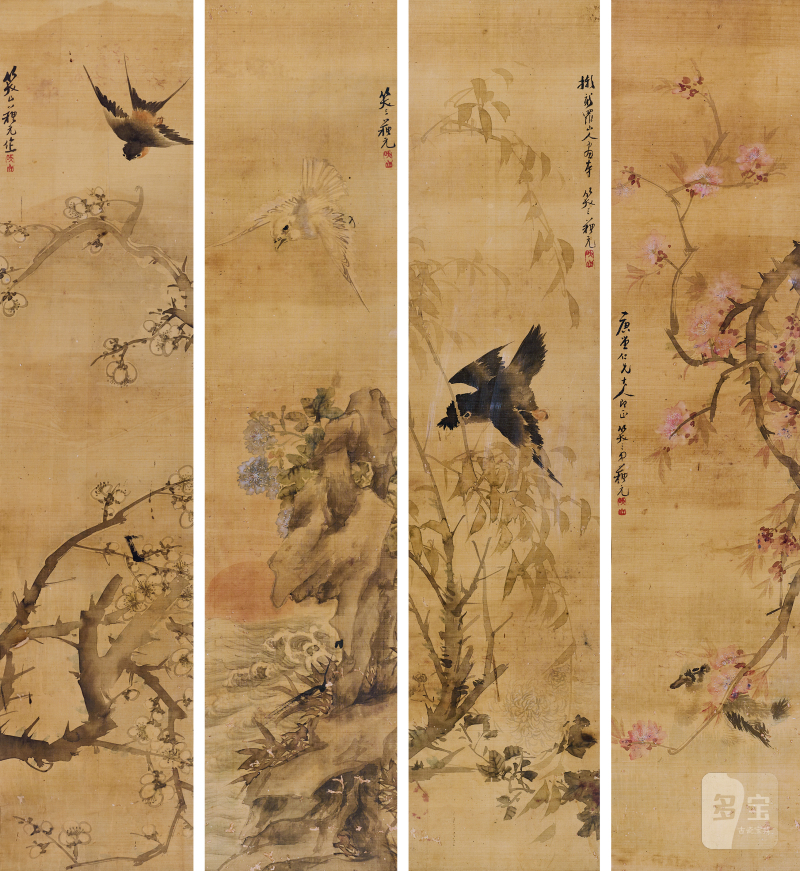 苏笑三 花鸟四屏